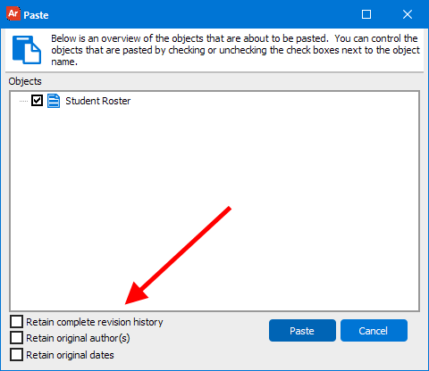 This image shows the paste dialog containing the retain complete revision history check box